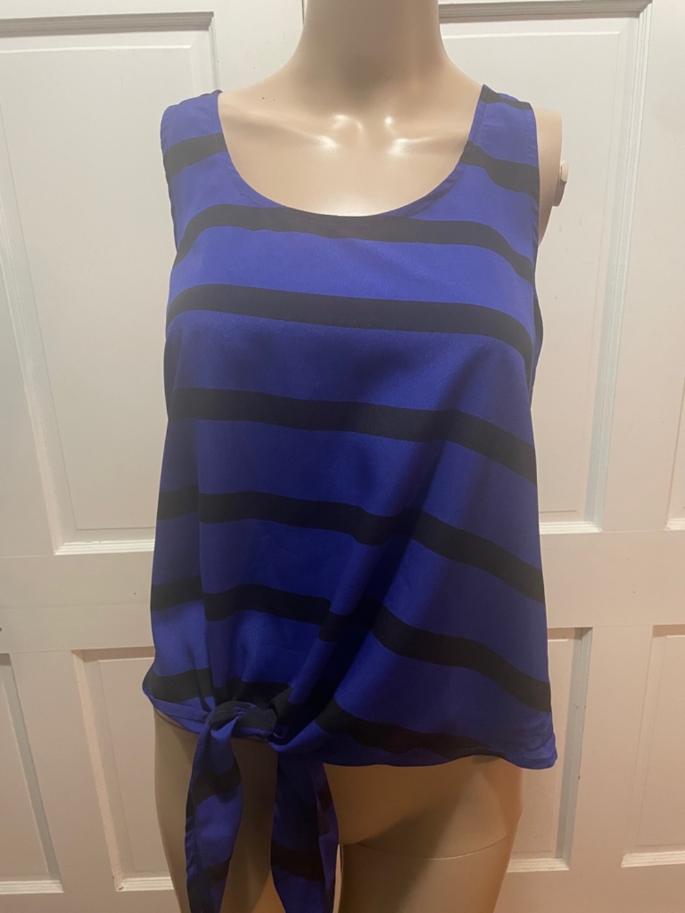 Timing Blue and Black Striped Tie-Front Tank